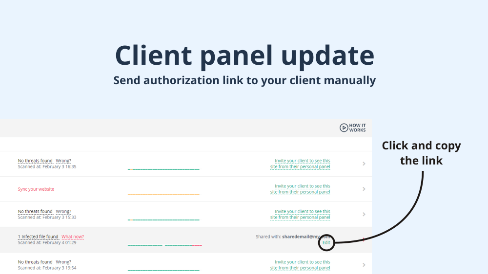 Send client panel authorisation link to your client manually