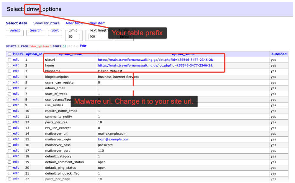 malicious reditect in wordpress database