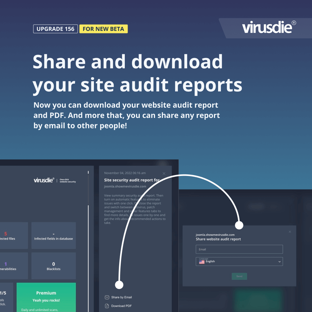 Virusdie website scan and audit report sharing and PDF