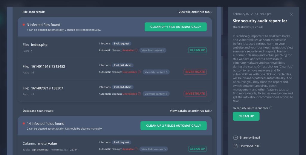Interactive website security audit reports for Virusdie