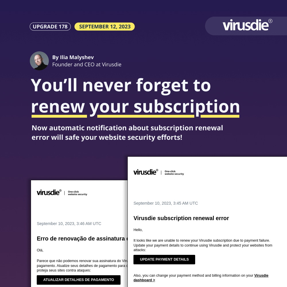 Virusdie subscription renewal error notification system