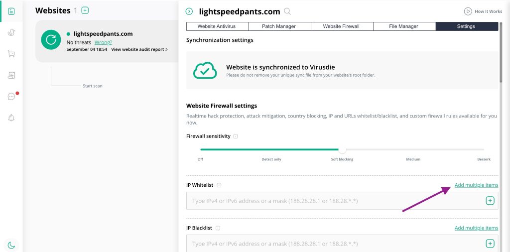 Add multiple IP address at virusdie firewall whitelist