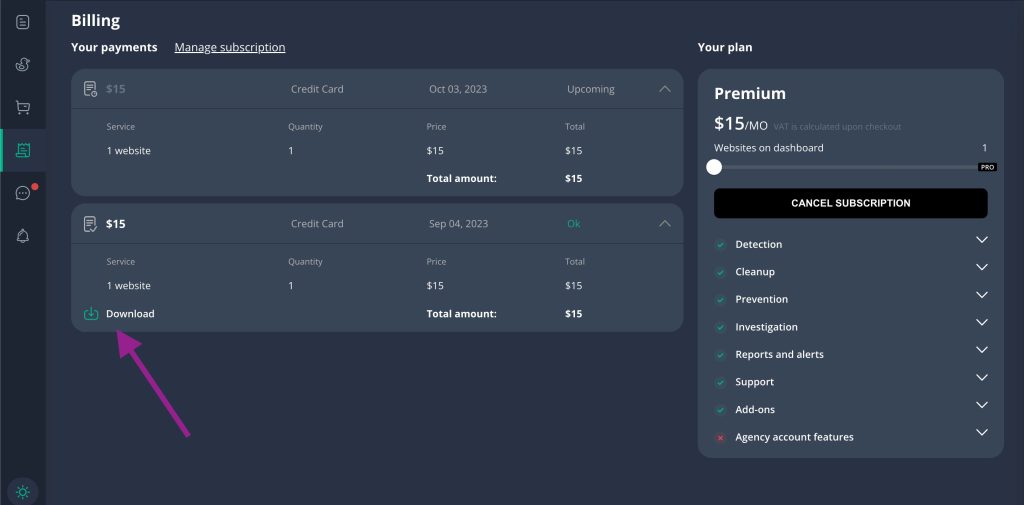 Download your invoices on Virusdie dashboard at Billing section