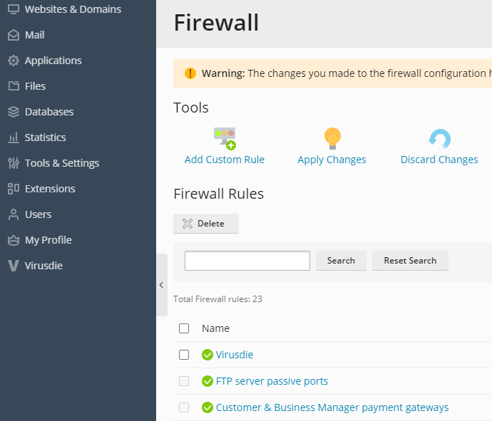 Virusdie plesk firewall 5