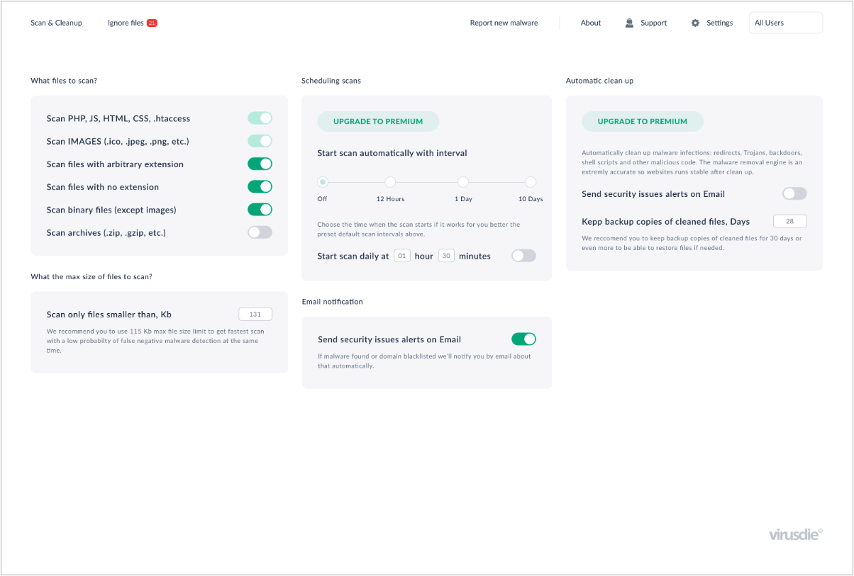 Virusdie plesk extension settings